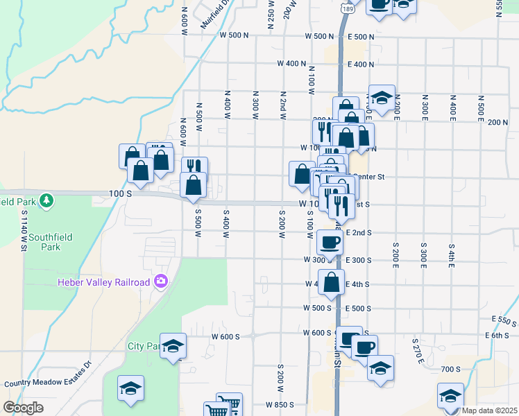 map of restaurants, bars, coffee shops, grocery stores, and more near 285 West 100 South in Heber City