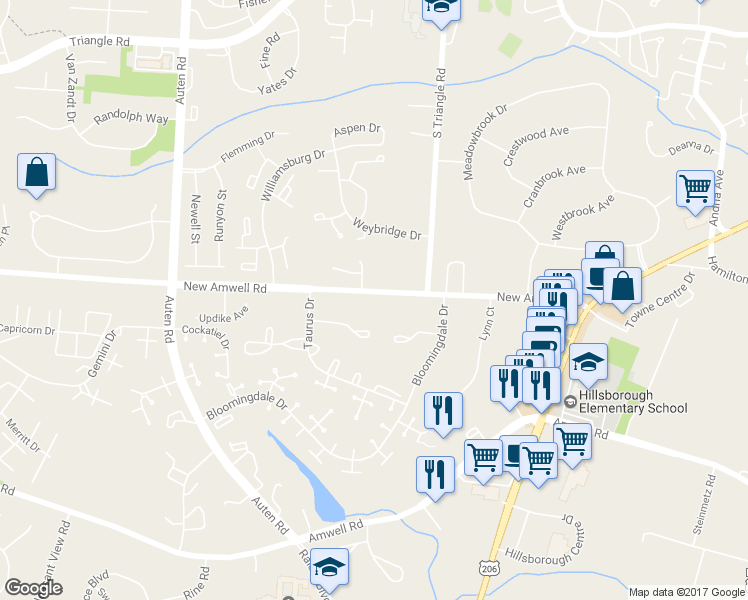 map of restaurants, bars, coffee shops, grocery stores, and more near 53 New Amwell Road in Somerset County