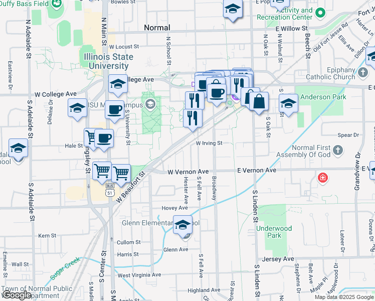 map of restaurants, bars, coffee shops, grocery stores, and more near 600 Hester Avenue in Normal