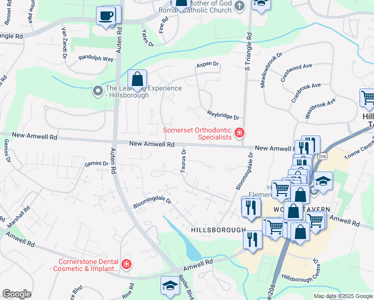 map of restaurants, bars, coffee shops, grocery stores, and more near 67 New Amwell Road in Hillsborough Township