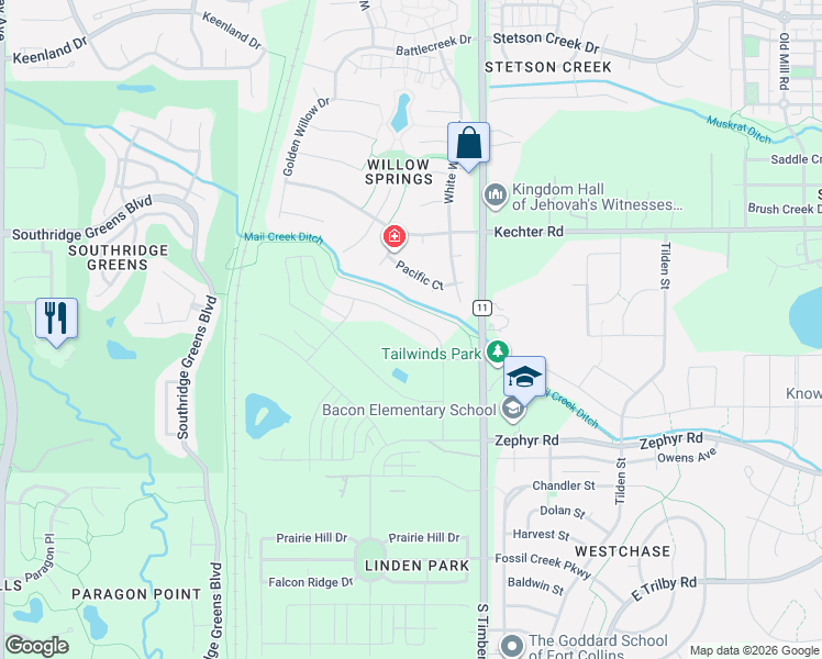 map of restaurants, bars, coffee shops, grocery stores, and more near 6029 County Road 11 in Fort Collins