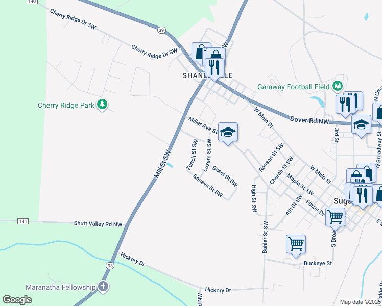 map of restaurants, bars, coffee shops, grocery stores, and more near 441 Zurich Street Southwest in Sugarcreek