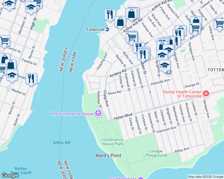 map of restaurants, bars, coffee shops, grocery stores, and more near 34 Bryan Street in Staten Island