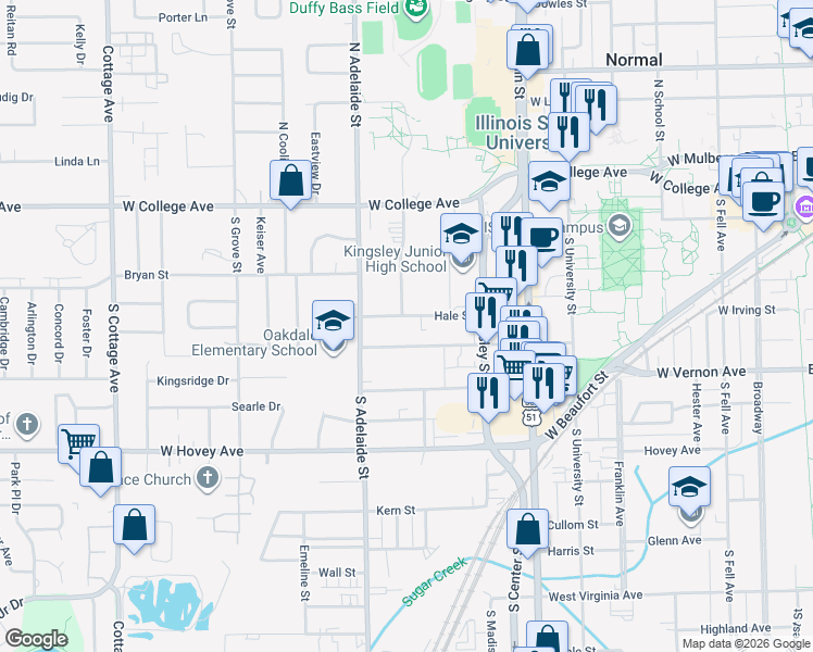 map of restaurants, bars, coffee shops, grocery stores, and more near 722 Dale Street in Normal