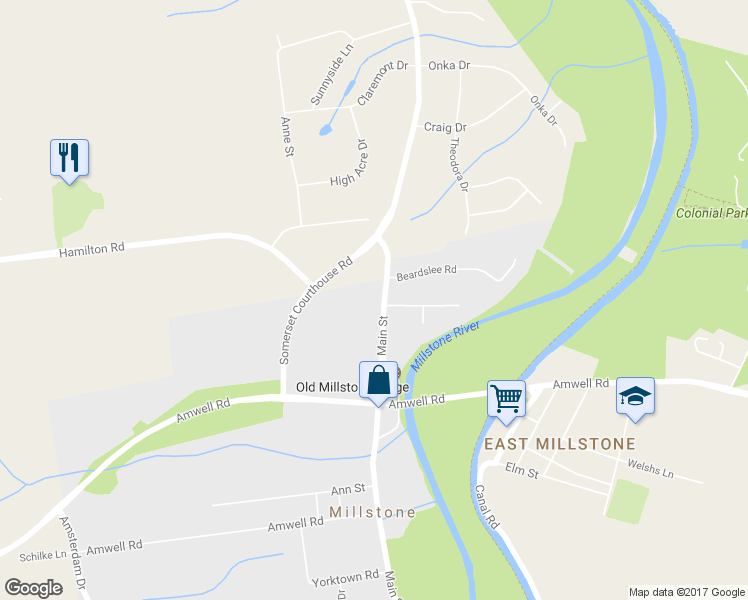 map of restaurants, bars, coffee shops, grocery stores, and more near 1342 Millstone River Road in Millstone