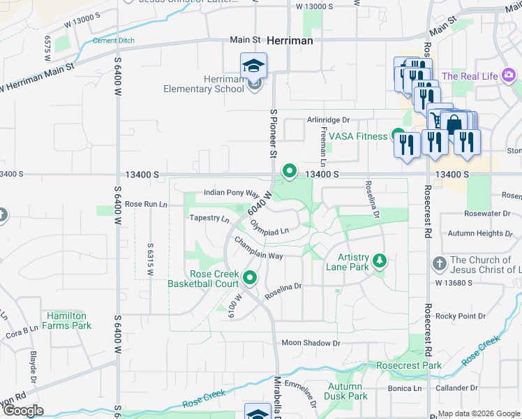 map of restaurants, bars, coffee shops, grocery stores, and more near 6021 Fragrant Lane in Herriman