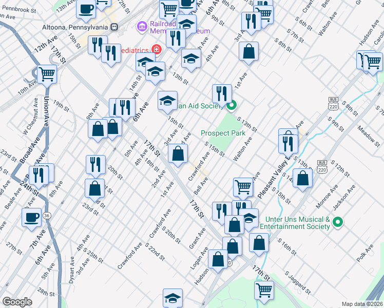 map of restaurants, bars, coffee shops, grocery stores, and more near 1529 1st Avenue in Altoona