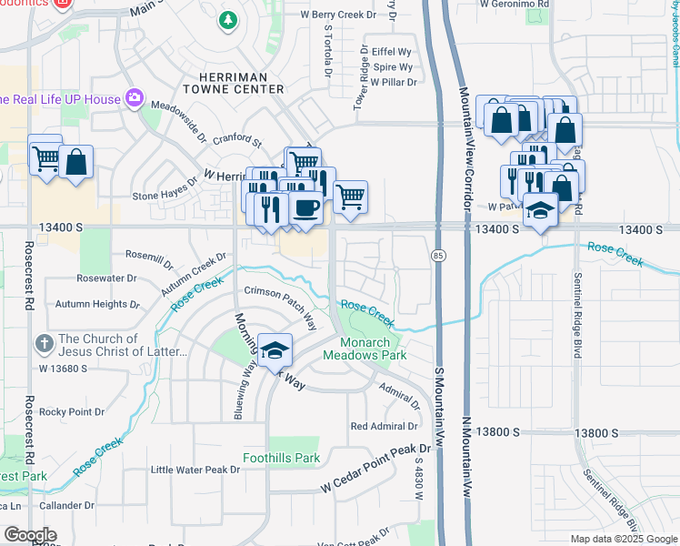map of restaurants, bars, coffee shops, grocery stores, and more near 13492 Leaf Wing Lane in Riverton