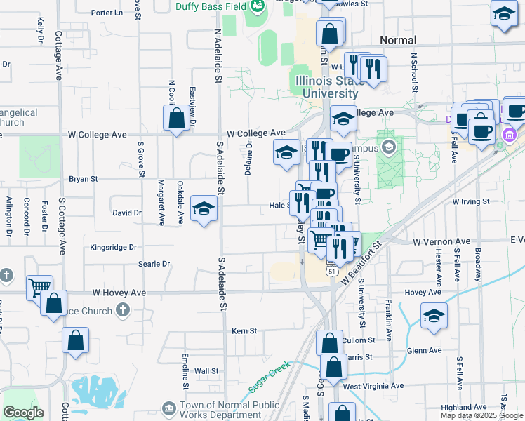 map of restaurants, bars, coffee shops, grocery stores, and more near 719 Hale Street in Normal