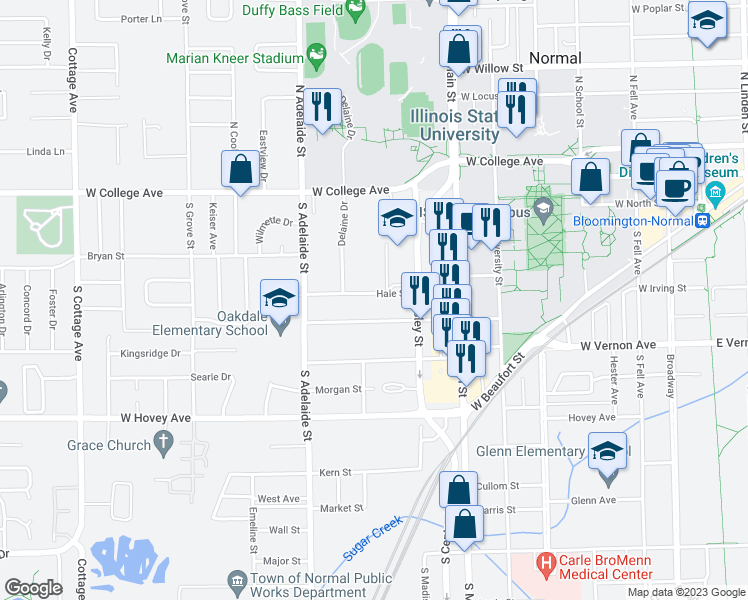 map of restaurants, bars, coffee shops, grocery stores, and more near 715 Hale Street in Normal