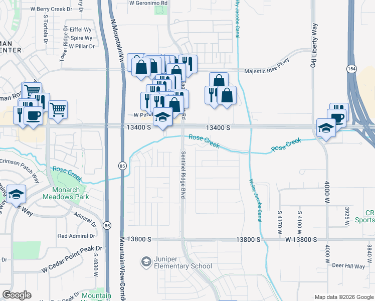 map of restaurants, bars, coffee shops, grocery stores, and more near 13481 Luther Lane in Riverton