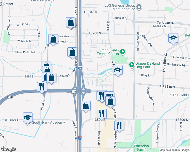 map of restaurants, bars, coffee shops, grocery stores, and more near Ensign Point Lane in Draper
