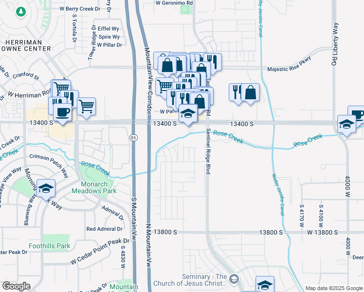 map of restaurants, bars, coffee shops, grocery stores, and more near 4587 13400 South in Riverton