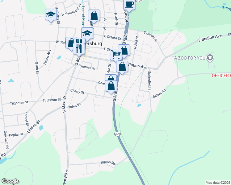 map of restaurants, bars, coffee shops, grocery stores, and more near 344 South 3rd Street in Coopersburg