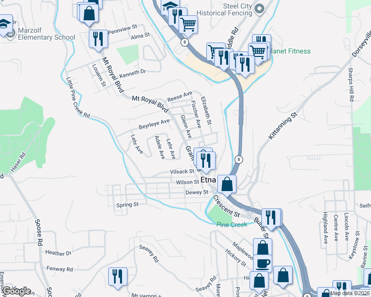map of restaurants, bars, coffee shops, grocery stores, and more near 102 Lehr Avenue in Pittsburgh