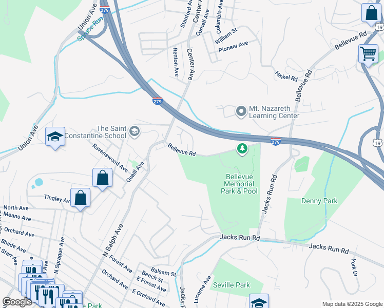map of restaurants, bars, coffee shops, grocery stores, and more near 205 Bellwood Drive in Pittsburgh