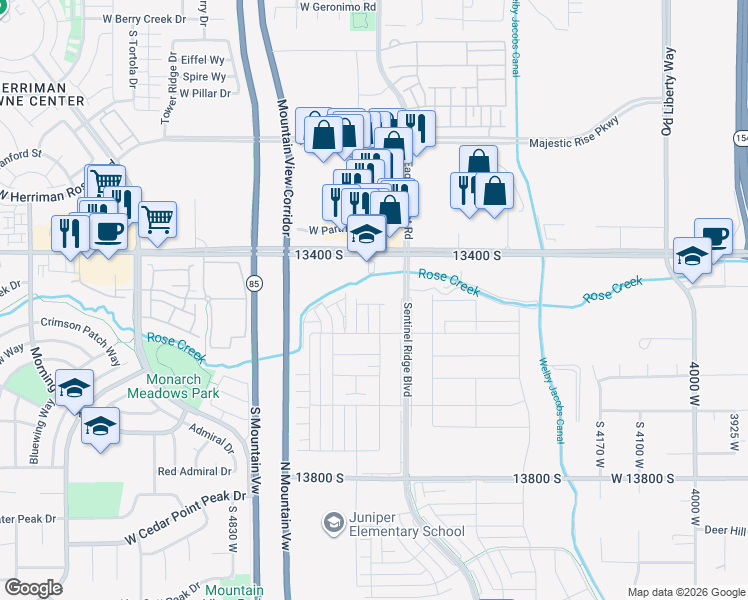 map of restaurants, bars, coffee shops, grocery stores, and more near 4574 Voight Lane in Riverton