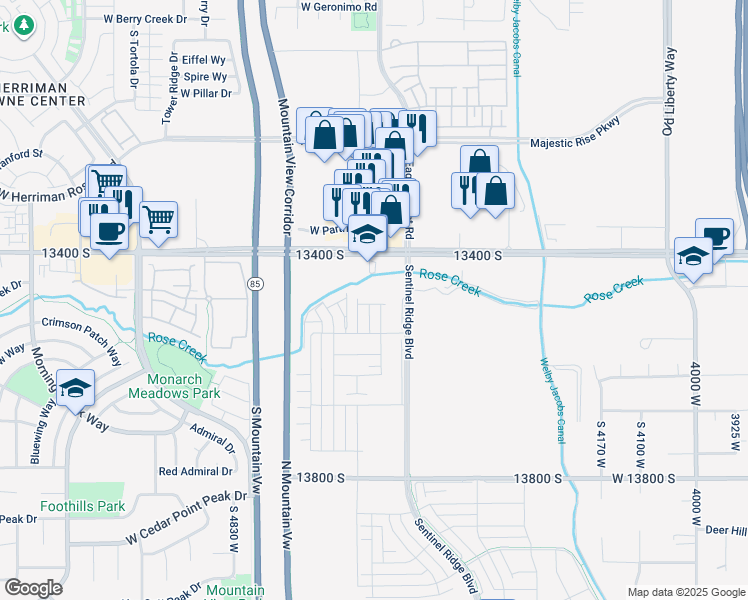 map of restaurants, bars, coffee shops, grocery stores, and more near 4574 Voight Lane in Riverton