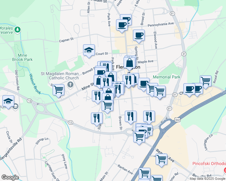 map of restaurants, bars, coffee shops, grocery stores, and more near 32 Fulper Road in Flemington