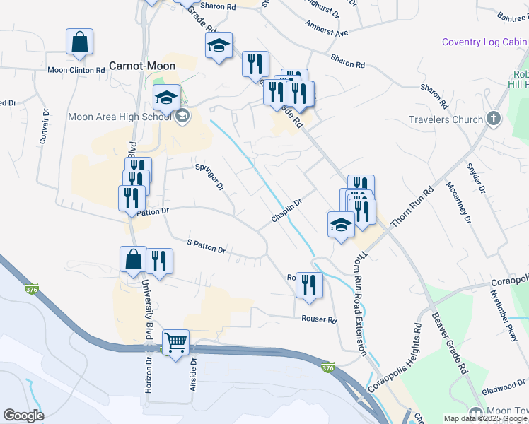 map of restaurants, bars, coffee shops, grocery stores, and more near 237 Patton Drive in Coraopolis
