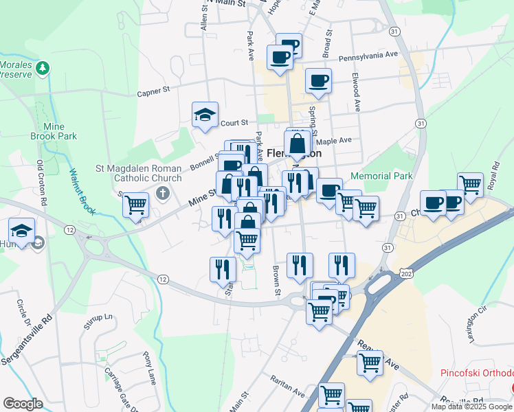 map of restaurants, bars, coffee shops, grocery stores, and more near 14 Turntable Junction in Flemington