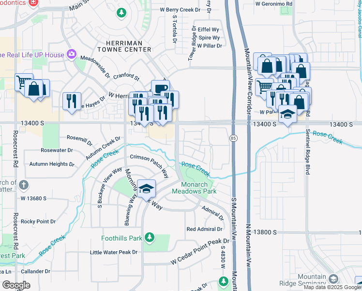 map of restaurants, bars, coffee shops, grocery stores, and more near 13482 Leaf Wing Lane in Riverton