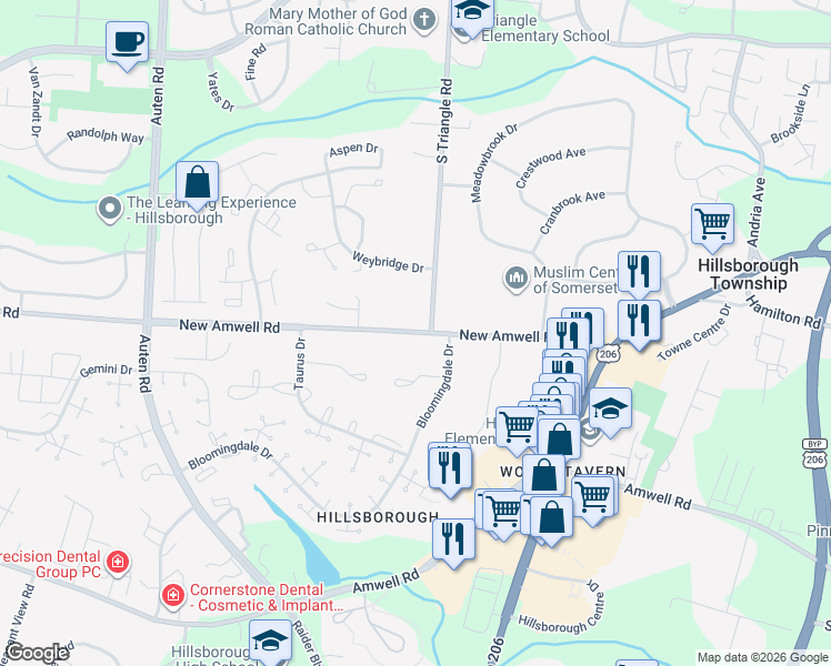 map of restaurants, bars, coffee shops, grocery stores, and more near 45 New Amwell Road in Hillsborough Township