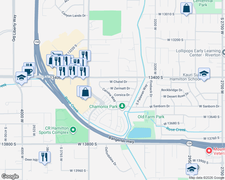 map of restaurants, bars, coffee shops, grocery stores, and more near 13509 Cervina Way in Riverton