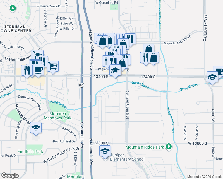 map of restaurants, bars, coffee shops, grocery stores, and more near 4587 13400 South in Riverton