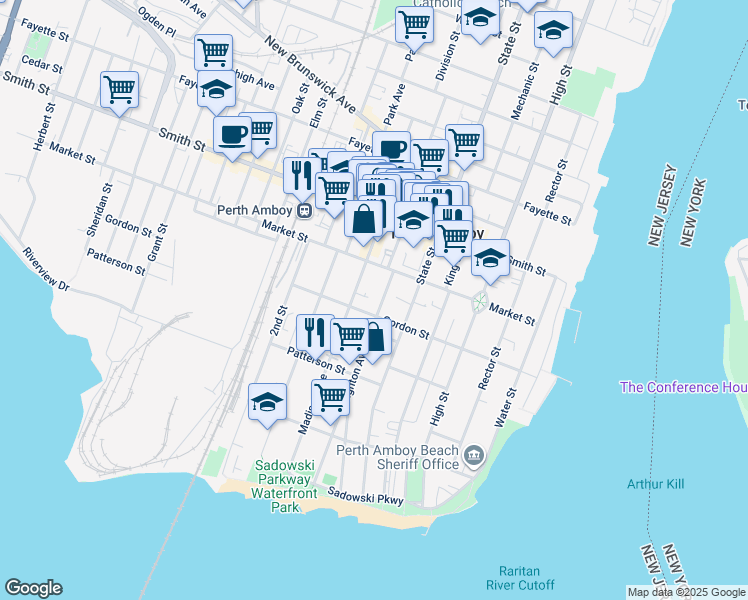 map of restaurants, bars, coffee shops, grocery stores, and more near 154 Gordon Street in Perth Amboy