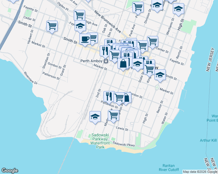 map of restaurants, bars, coffee shops, grocery stores, and more near 188 1st Street in Perth Amboy