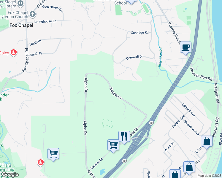 map of restaurants, bars, coffee shops, grocery stores, and more near 258 Kappa Drive in Pittsburgh