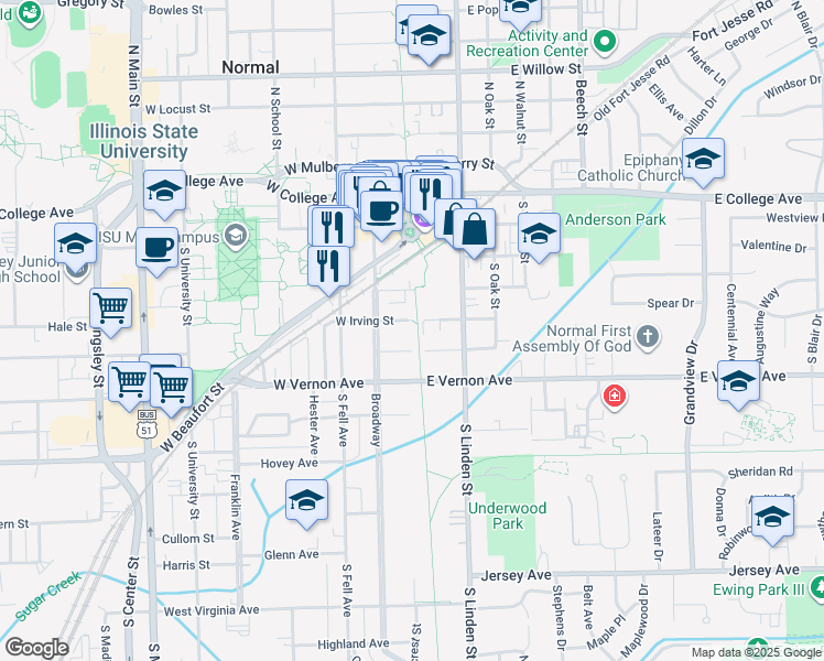 map of restaurants, bars, coffee shops, grocery stores, and more near 99 West Irving Street in Normal