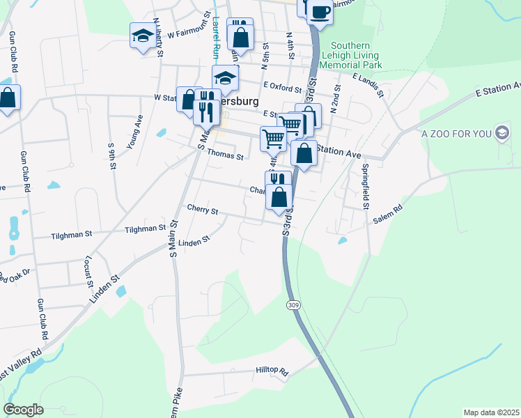 map of restaurants, bars, coffee shops, grocery stores, and more near 350 South 4th Street in Coopersburg