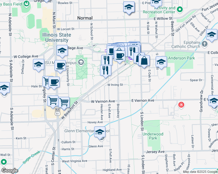 map of restaurants, bars, coffee shops, grocery stores, and more near 502 South Fell Avenue in Normal