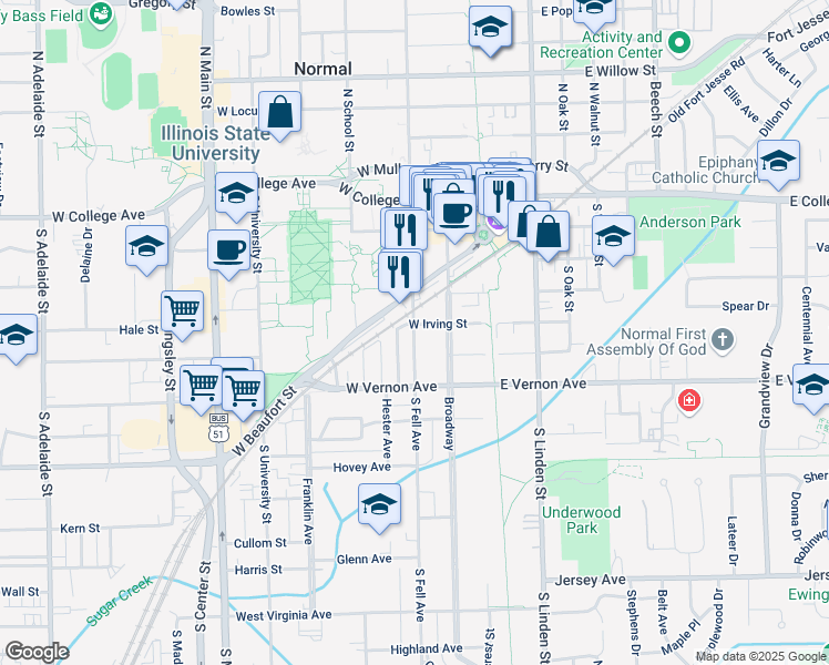 map of restaurants, bars, coffee shops, grocery stores, and more near 502 South Fell Avenue in Normal