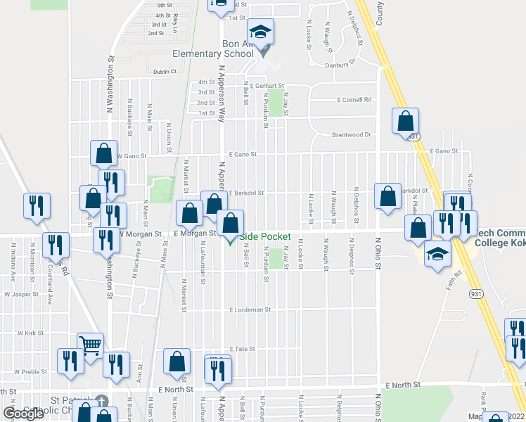 map of restaurants, bars, coffee shops, grocery stores, and more near 2125 North Purdum Street in Kokomo