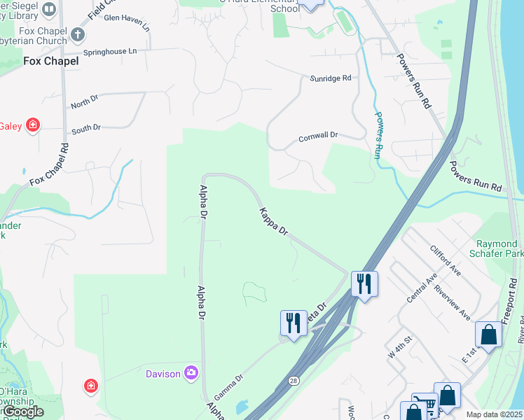 map of restaurants, bars, coffee shops, grocery stores, and more near 2 Kappa Drive in Pittsburgh