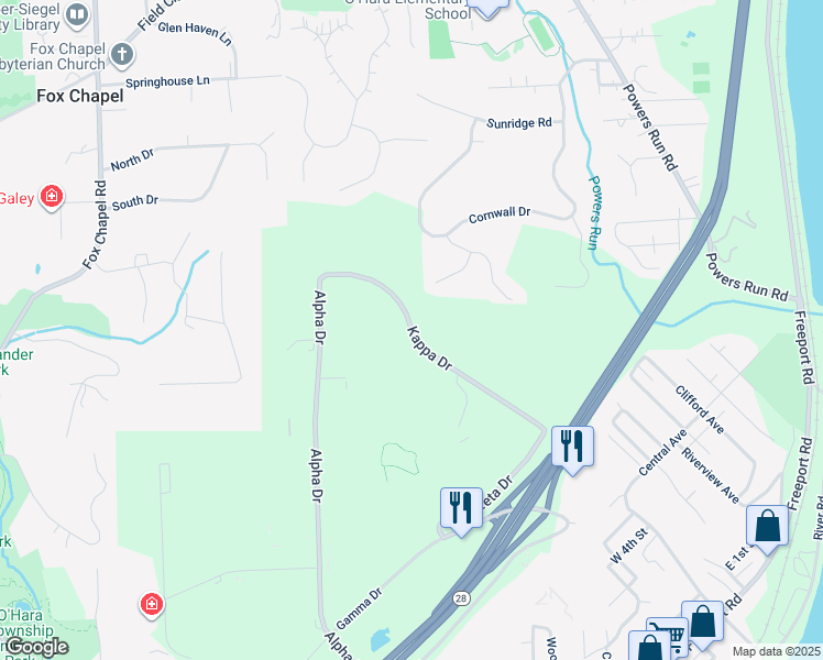 map of restaurants, bars, coffee shops, grocery stores, and more near 2 Kappa Drive in Pittsburgh