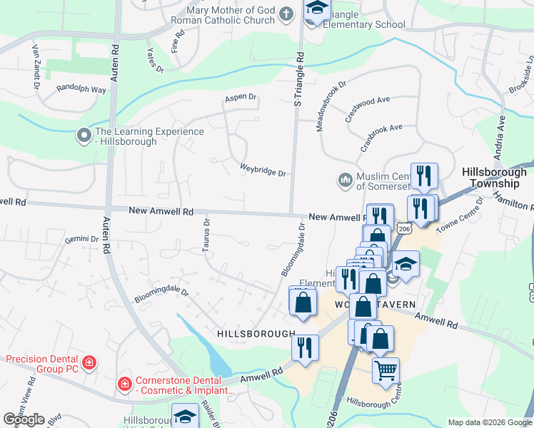 map of restaurants, bars, coffee shops, grocery stores, and more near 45 New Amwell Road in Hillsborough Township