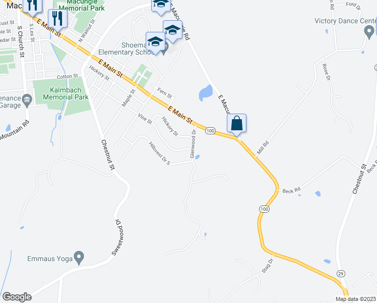 map of restaurants, bars, coffee shops, grocery stores, and more near 990 Vine Street in Macungie