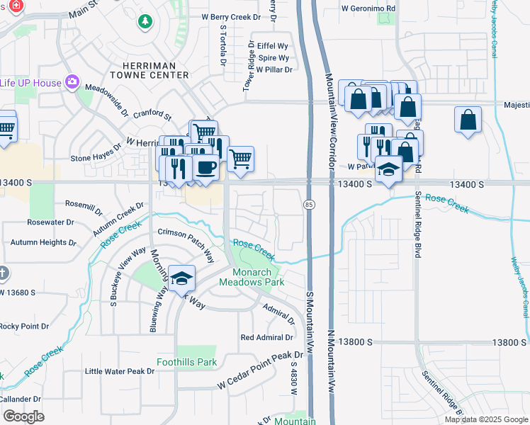 map of restaurants, bars, coffee shops, grocery stores, and more near 13504 Mimosa Circle in Riverton