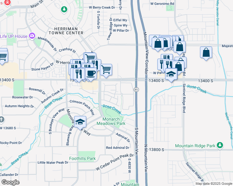 map of restaurants, bars, coffee shops, grocery stores, and more near 13504 Mimosa Circle in Riverton