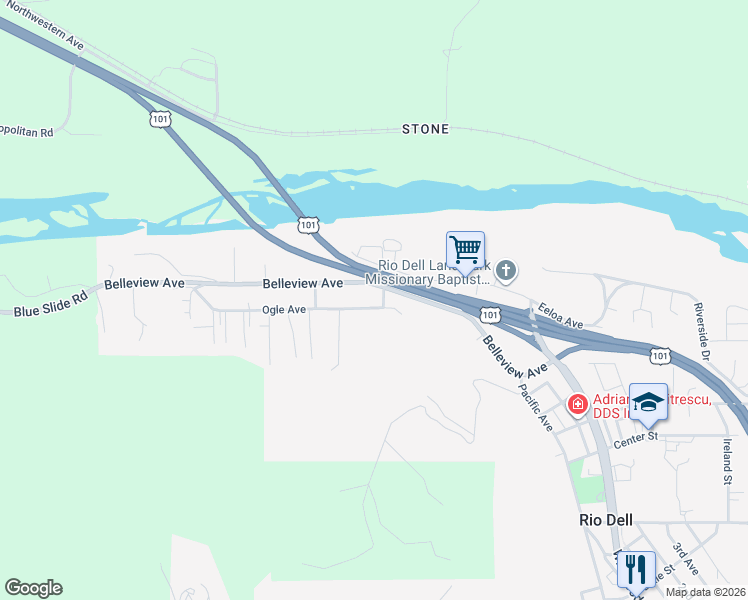 map of restaurants, bars, coffee shops, grocery stores, and more near 1-43 Ogle Avenue in Rio Dell