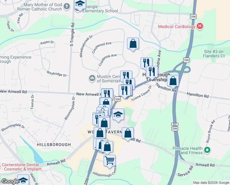 map of restaurants, bars, coffee shops, grocery stores, and more near 103 Towne Centre Drive in Somerset County