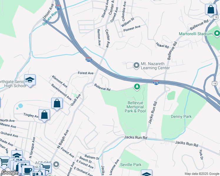 map of restaurants, bars, coffee shops, grocery stores, and more near 322 Bellevue Road in Pittsburgh