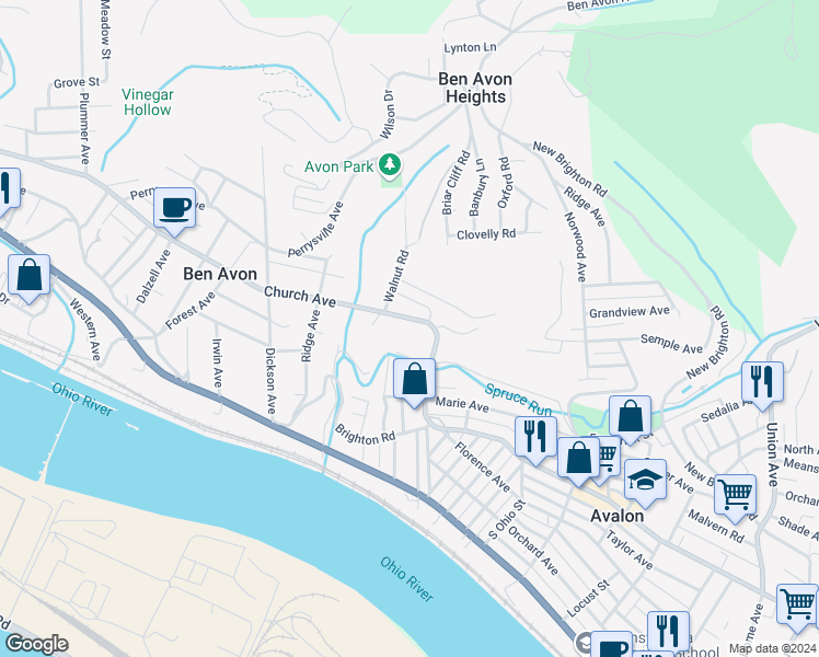 map of restaurants, bars, coffee shops, grocery stores, and more near 47 Spruce Run Road in Ben Avon
