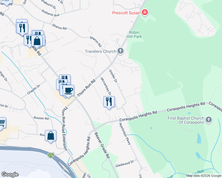 map of restaurants, bars, coffee shops, grocery stores, and more near 222 Mccartney Drive in Allegheny County