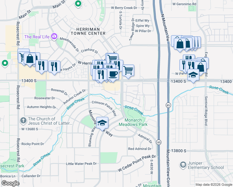 map of restaurants, bars, coffee shops, grocery stores, and more near 5092 West London Bay Drive in Riverton