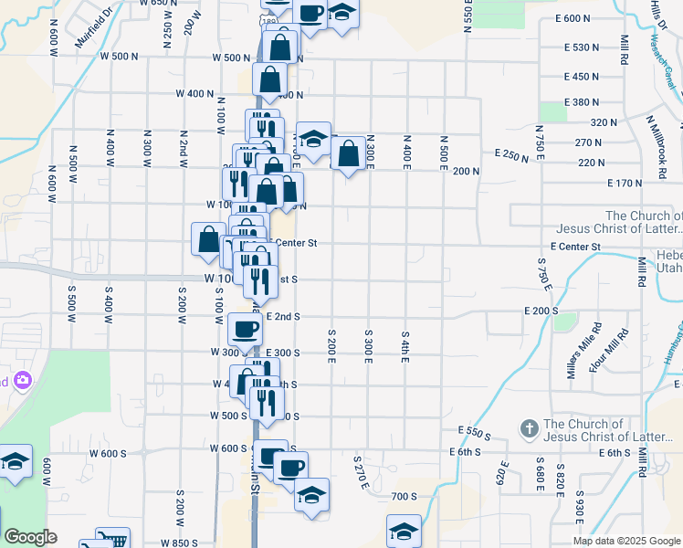 map of restaurants, bars, coffee shops, grocery stores, and more near 217 East 1st South in Heber City